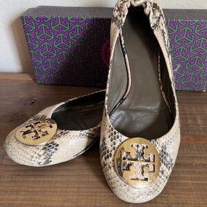 Tory Burch Snakeskin Flats with Gold Logo